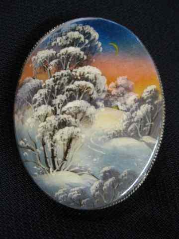 Appraisal: Russian Handpainted Lacquerware Brooch winter landscape on abalone oval ''