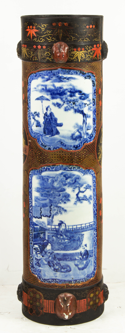 Appraisal: JAPANESE LACQUERED BLUE AND WHITE CYLINDRICAL VASE Japanese lacquered blue