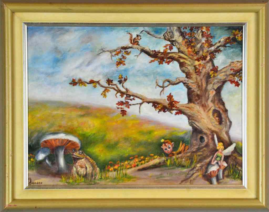 Appraisal: Avison Oil Painting On CanvasDepicting a large tree with fairies