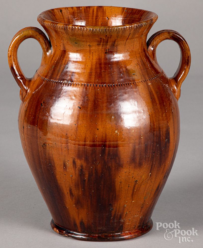 Appraisal: Jacob Medinger redware two-handled urn Jacob Medinger Montgomery County Pennsylvania