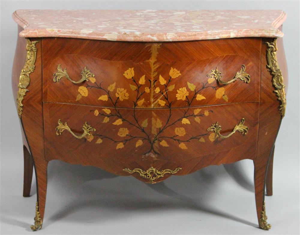 Appraisal: LOUIS XV STYLE GILT METAL MOUNTED MARQUETRY AND TULIPWOOD COMMODE