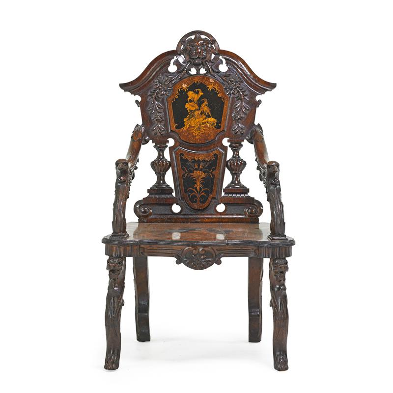 Appraisal: VICTORIAN MARQUETRY ARMCHAIR Walnut with inlay th c x x