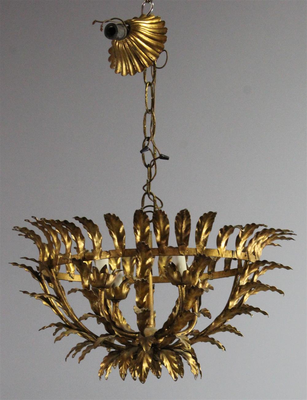 Appraisal: GILT METAL FOUR LIGHT LEAF DECORATED HANGING CHANDELIER the circular