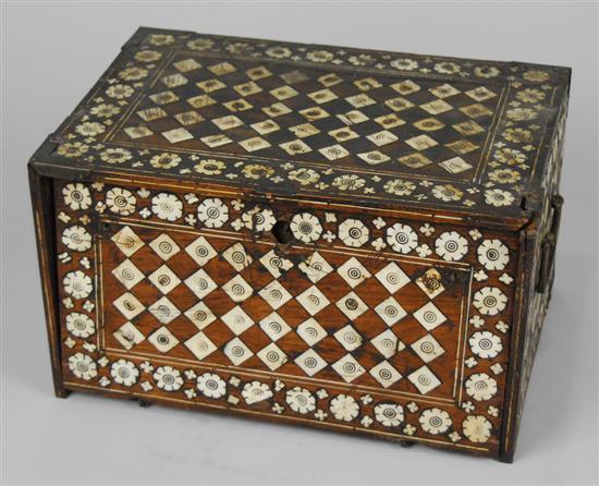 Appraisal: ANGLO INDIAN BONE INLAID METAL MOUNTED FALL FRONT BOX th