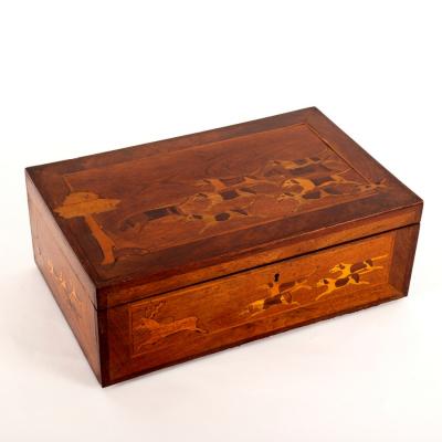 Appraisal: A marquetry workbox inlaid a hunting scene cm wide