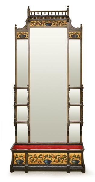 Appraisal: AN AESTHETIC MOVEMENT EBONISED HALL MIRROR With stylised painted panels