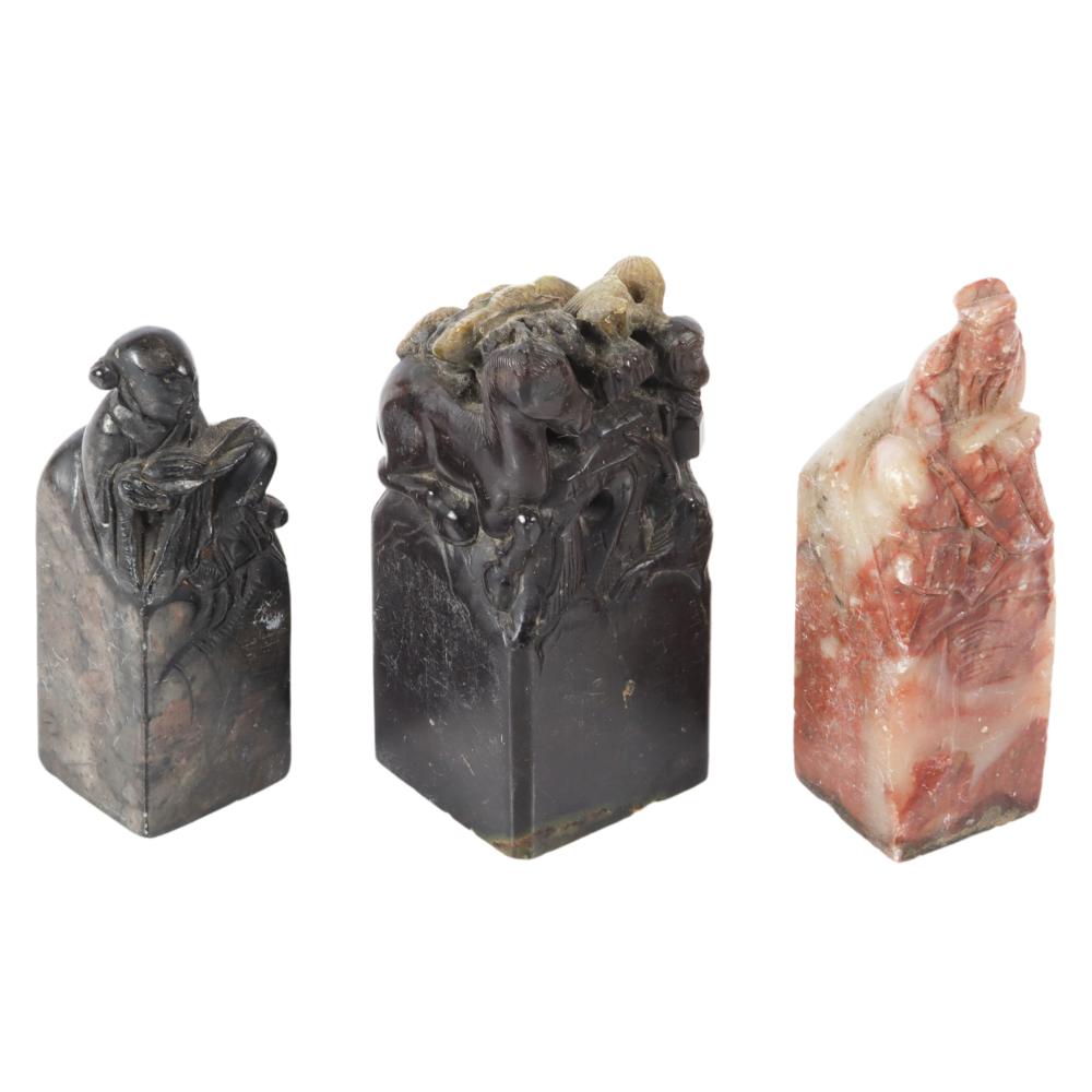 Appraisal: THREE CHINESE CARVED FIGURAL SOAPSTONE STAMP SEALS H X W