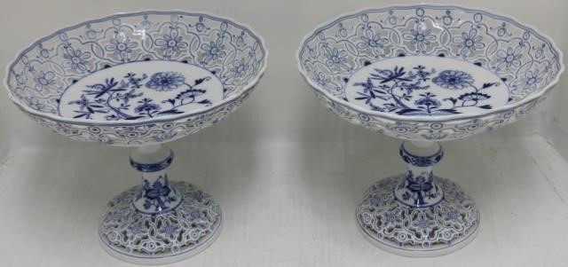 Appraisal: PAIR OF LATE TH C MEISSEN BLUE ONION OPEN-WORKCOMPOTES HIGH