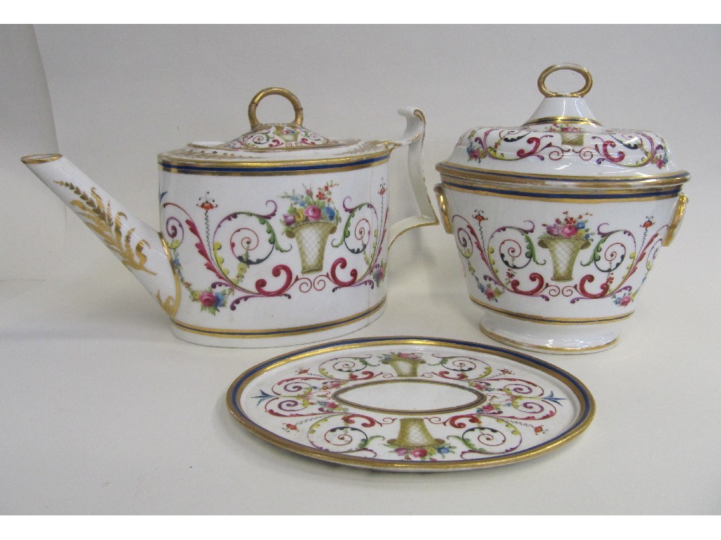 Appraisal: Derby teapot def and sucrier both painted with colourful scrolls