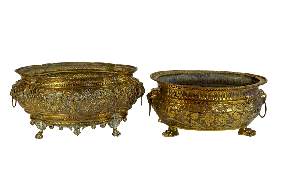 Appraisal: Dutch Brass Repousse Jardinieres with LIon Head Handles and Paw