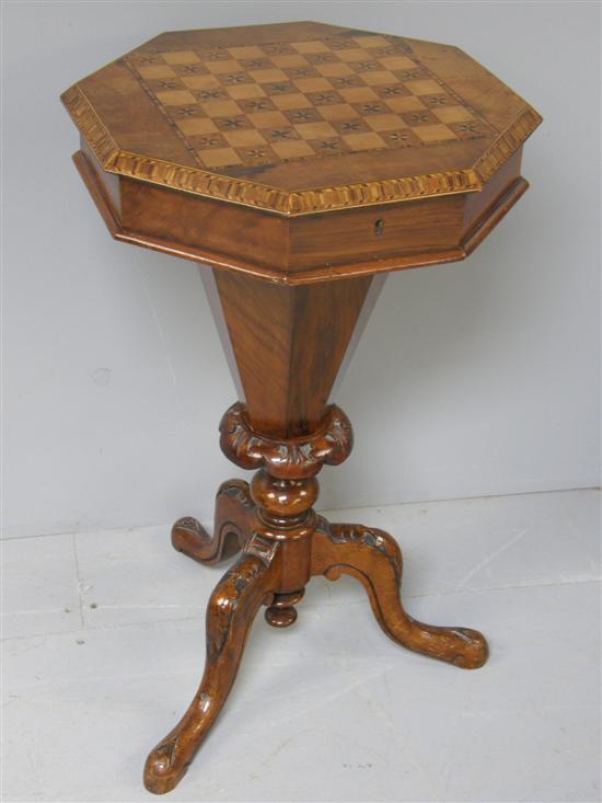 Appraisal: th century walnut and parquetry inlaid octagonal workbox the top