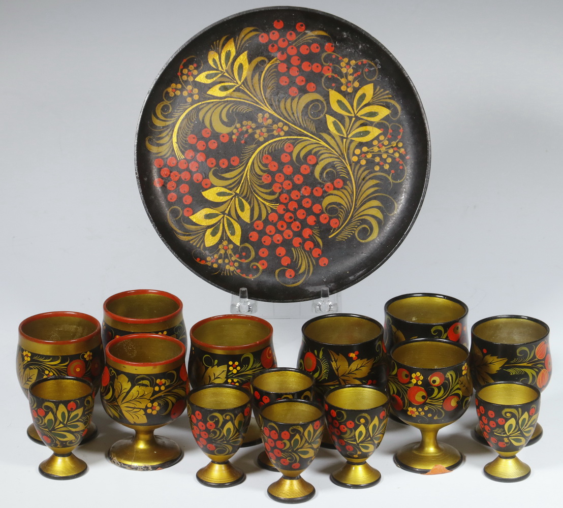 Appraisal: PCS VINTAGE RUSSIAN FOLK ART CUPS WITH TRAY Wooden Khokhloma