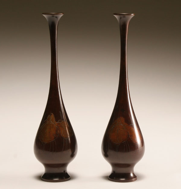 Appraisal: Pair Japanese patinated bronze vases early 's each decorated with