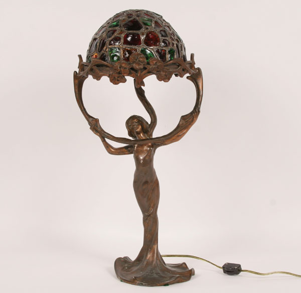 Appraisal: Art Nouveau cast metal lady lamp draped female figure supporting