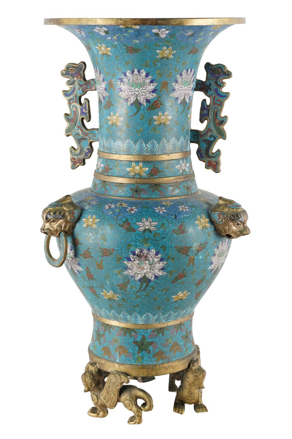 Appraisal: CHINESE CLOISONNE TEMPLE VASECondition a two-inch ding to shoulder inches