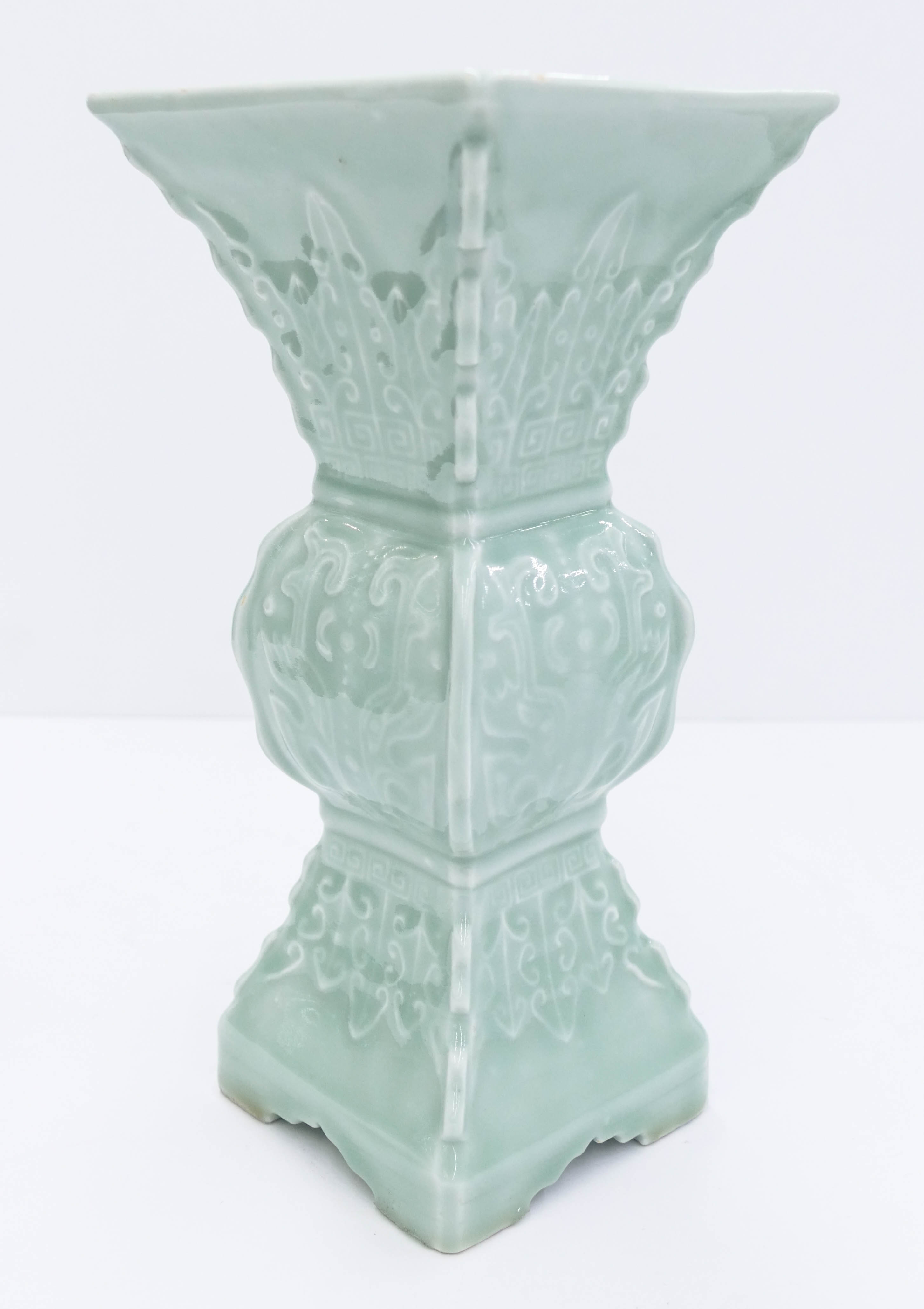 Appraisal: Chinese Republic Celadon Archaic Gu Beaker Vase ''x '' Unusual