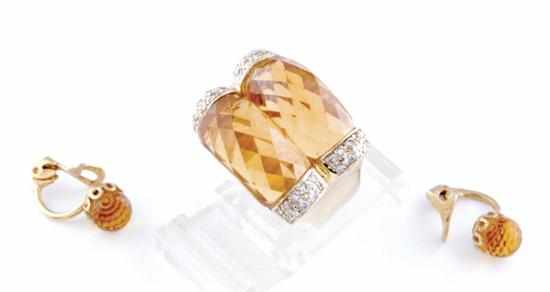 Appraisal: Citrine diamond and gold earclips and ring suite two x