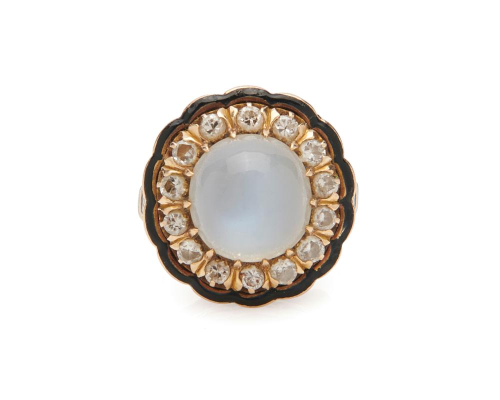 Appraisal: K Gold Moonstone Diamond and Enamel Ring centering a cabochon