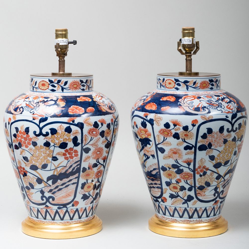 Appraisal: Pair of Imari Style Jars Mounted as Lamps x in