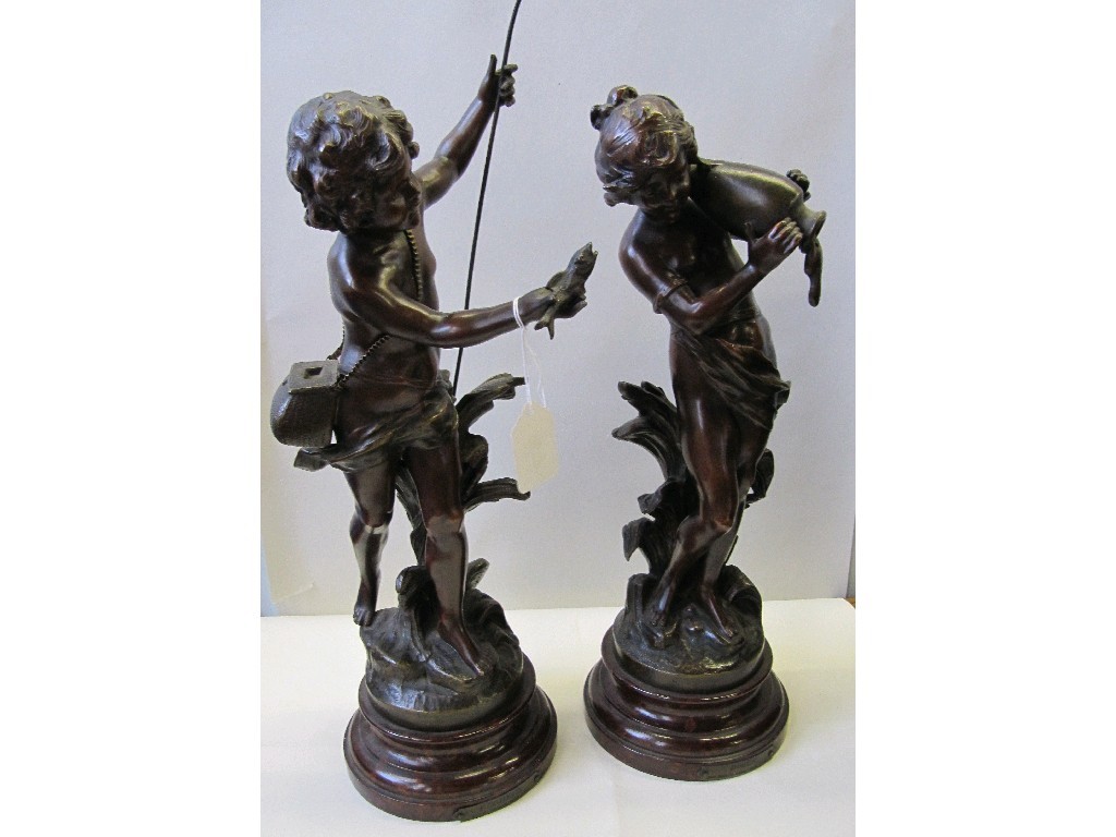 Appraisal: Pair of French spelter figures of a fisherman and a