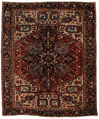 Appraisal: Heriz rug brick red and dark blue central medallion on