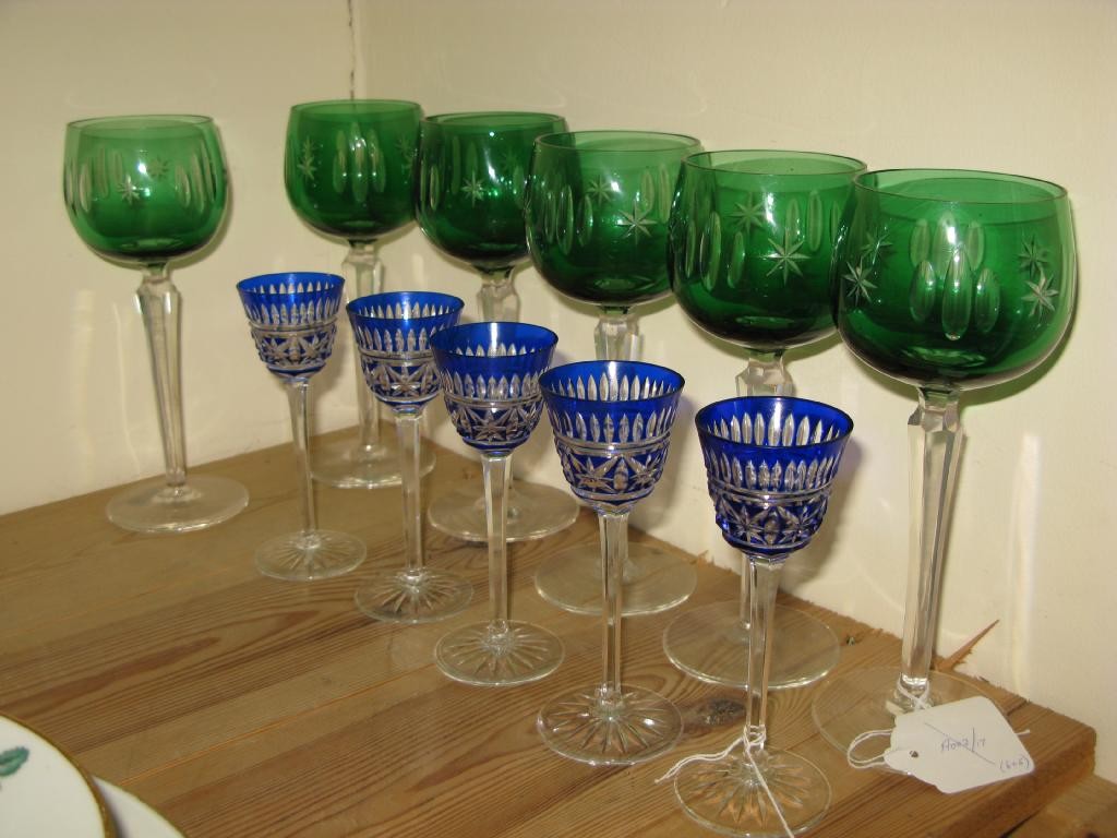 Appraisal: A set of six tall wine glasses with cut green