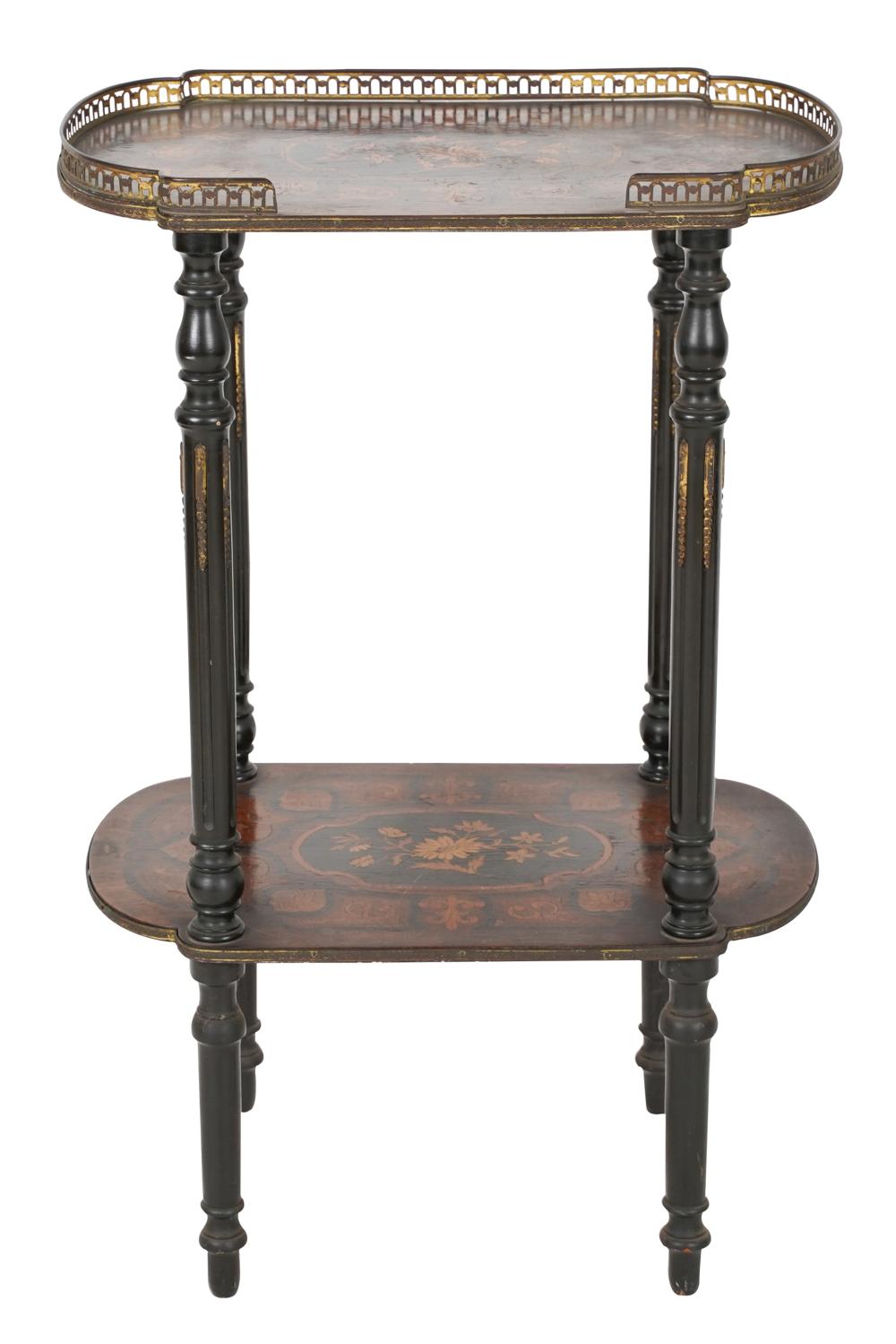 Appraisal: FRENCH MARQUETRY-INLAID TIERED STANDwith pierced metal gallery inches wide inches