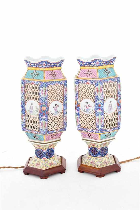 Appraisal: Pair Chinese Export porcelain lanterns th century piercework panel balusters