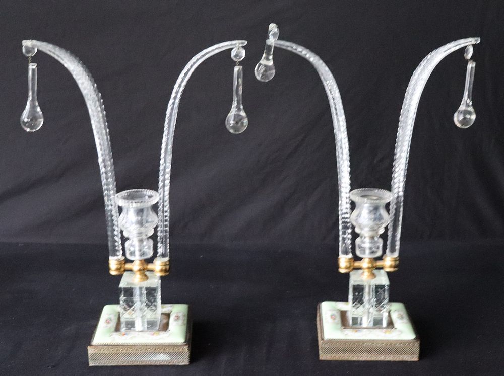 Appraisal: A Pair Of Prince Of Wales Plume Form Crystal Candlesticks