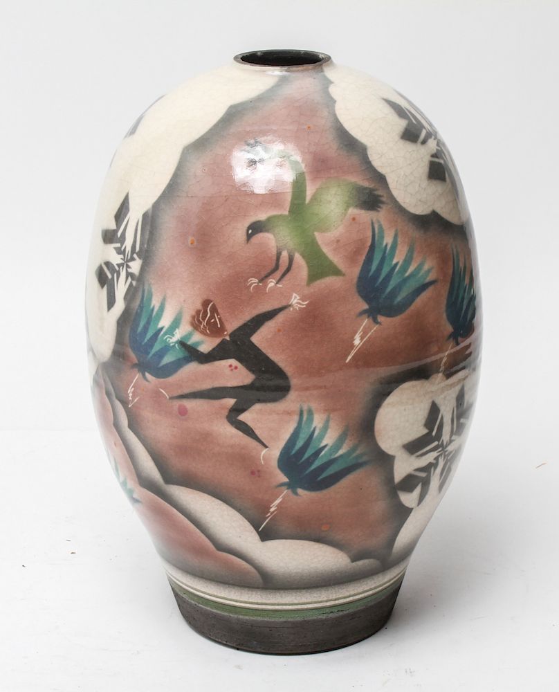 Appraisal: Modern Figural Motif Ovoid Glazed Pottery Vase Modern crackle glaze