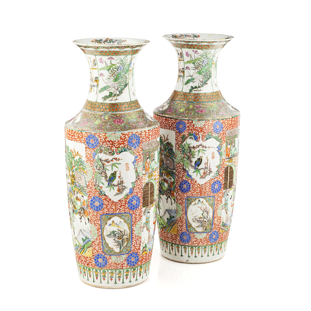 Appraisal: FINE PAIR OF CANTON ROULEAU VASES QING DYNASTY TH CENTURY