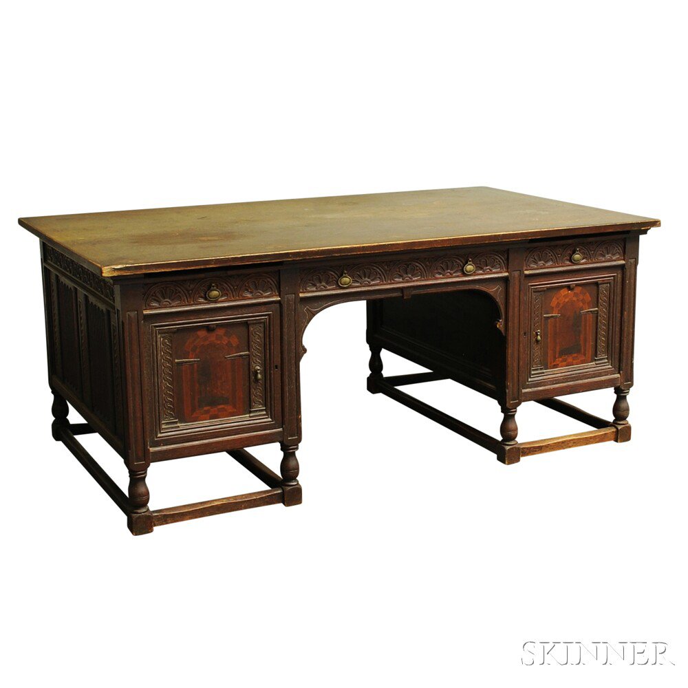 Appraisal: Jacobean-style Oak and Parquetry Partner's Desk early th century the