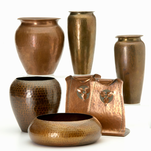 Appraisal: ROYCROFT Six hammered copper items vases bowls and a pair