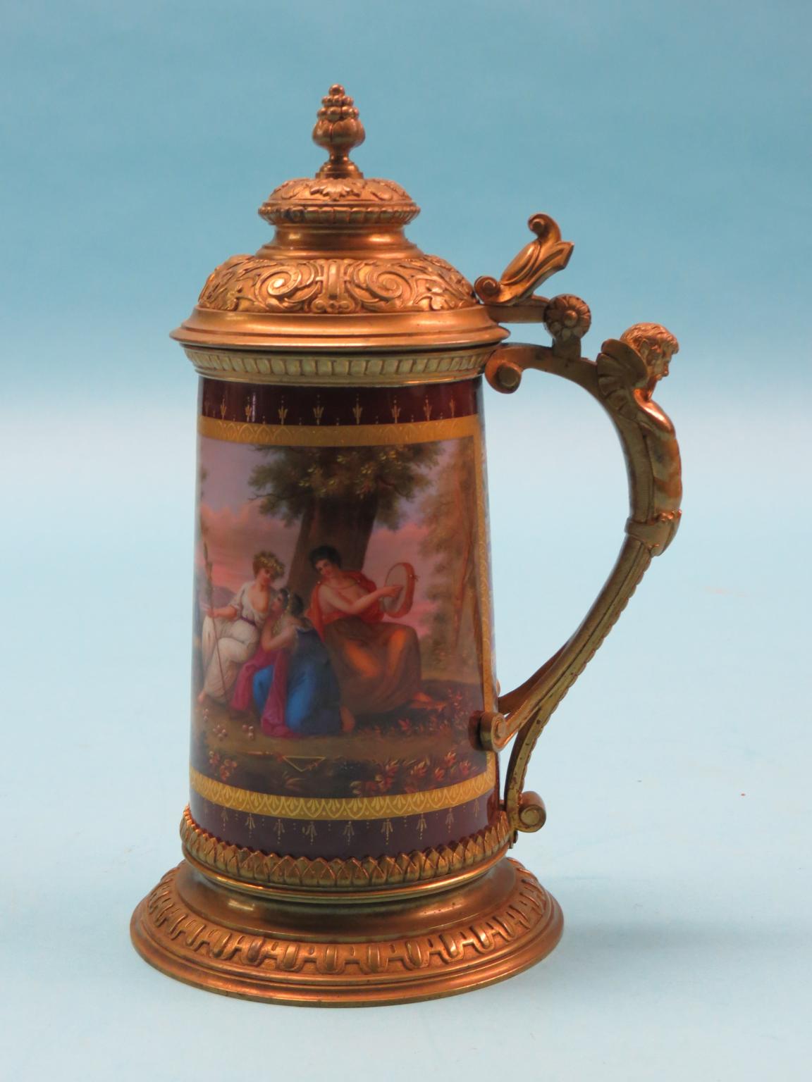 Appraisal: A th century Vienna ormolu-mounted porcelain tankard tapering-shape with hinged