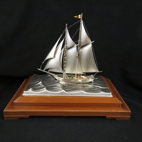 Appraisal: Sterling Silver Sailing Ship Model in deluxe case gold highlights