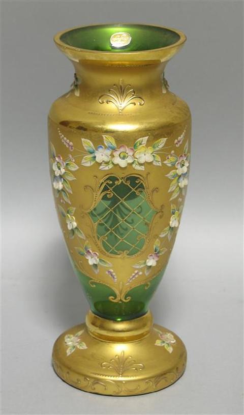 Appraisal: ENAMELED BOHEMAIN GLASS VASE The green glass vase of baluster