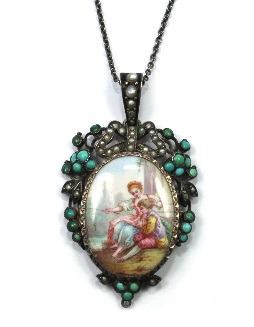 Appraisal: An enameled turquoise and seed pearl set pendant locket the