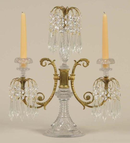 Appraisal: Gilt Cut Glass Three-Light Candelabra Description Circa Missing central candle