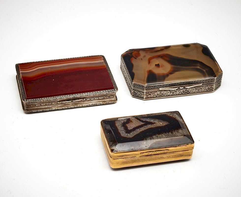 Appraisal: Grouping of three agate and silver trinket boxes Grouping of