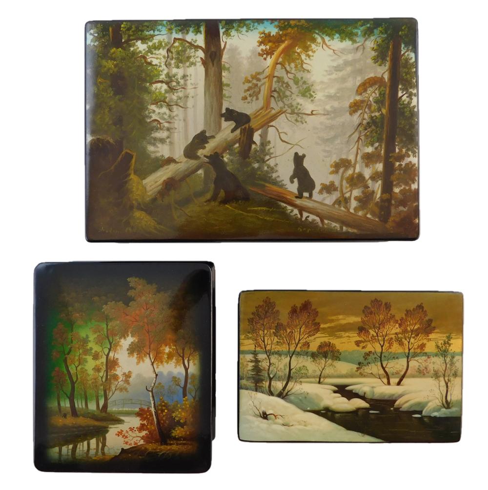 Appraisal: Russian hand-painted lacquer boxes three pieces nature landscape themed th