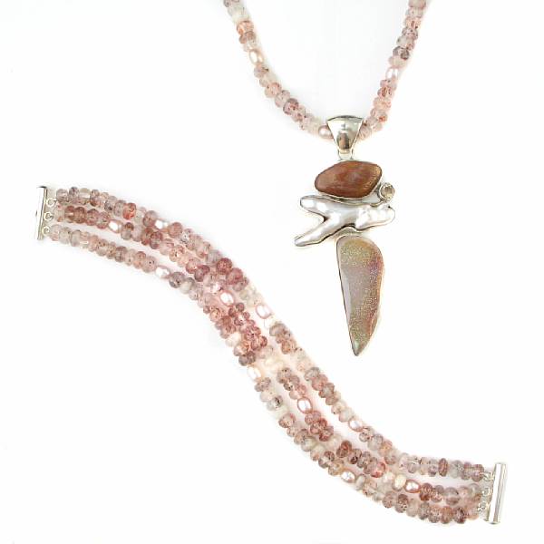 Appraisal: Sunstone and Pearl Necklace and Bracelet Consisting of a pendant