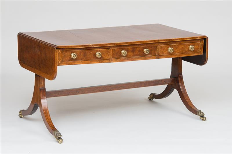 Appraisal: LATE REGENCY INLAID AMBOYNA SOFA TABLE x x in From