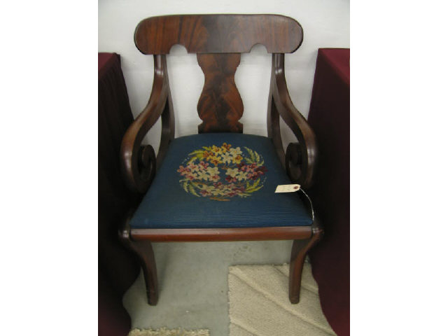 Appraisal: Mahogany Arm Chair beautiful flame back floral needlepoint seat