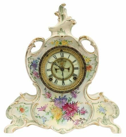 Appraisal: Ansonia mantle clock porcelain case having parcel gilt rocaille trim