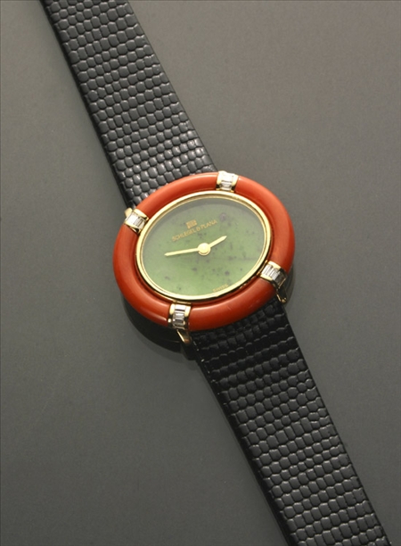 Appraisal: Lady's -Karat Yellow-Gold Nephrite Jade Coral and Diamond Manual-Wind Wristwatch