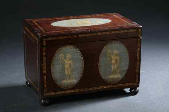 Appraisal: GEORGE III INLAID MAHOGANY TEA CADDY Circa Square with string