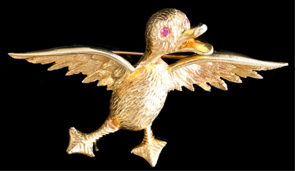 Appraisal: VINTAGE K YELLOW GOLD DUCK PIN W RUBIESVintage k yellow