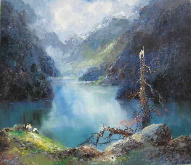 Appraisal: WILLI BAUER OIL ON CANVAS German born Alpine lake with