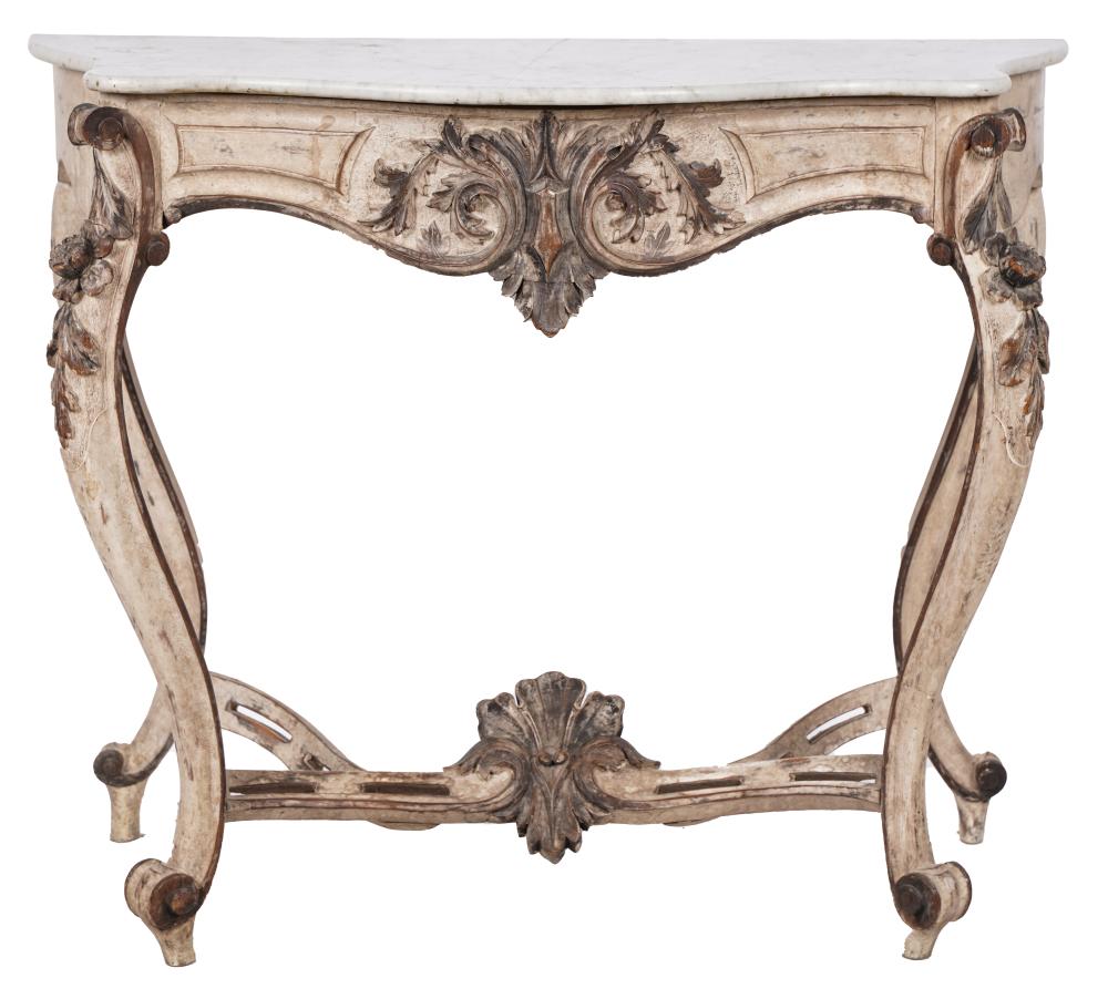 Appraisal: LOUIS XV-STYLE PAINTED WOOD MARBLE-TOP CONSOLECondition slight discoloration and a