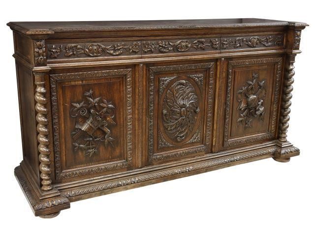 Appraisal: French Henri II style oak sideboard th c shaped parquetry